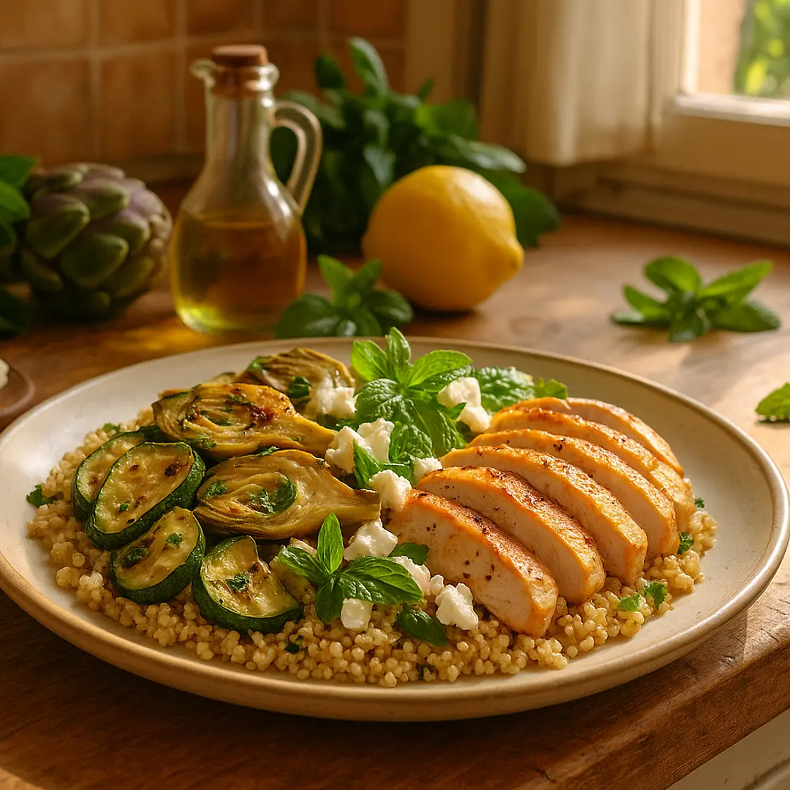Salade artichauts, quinoa et poulet