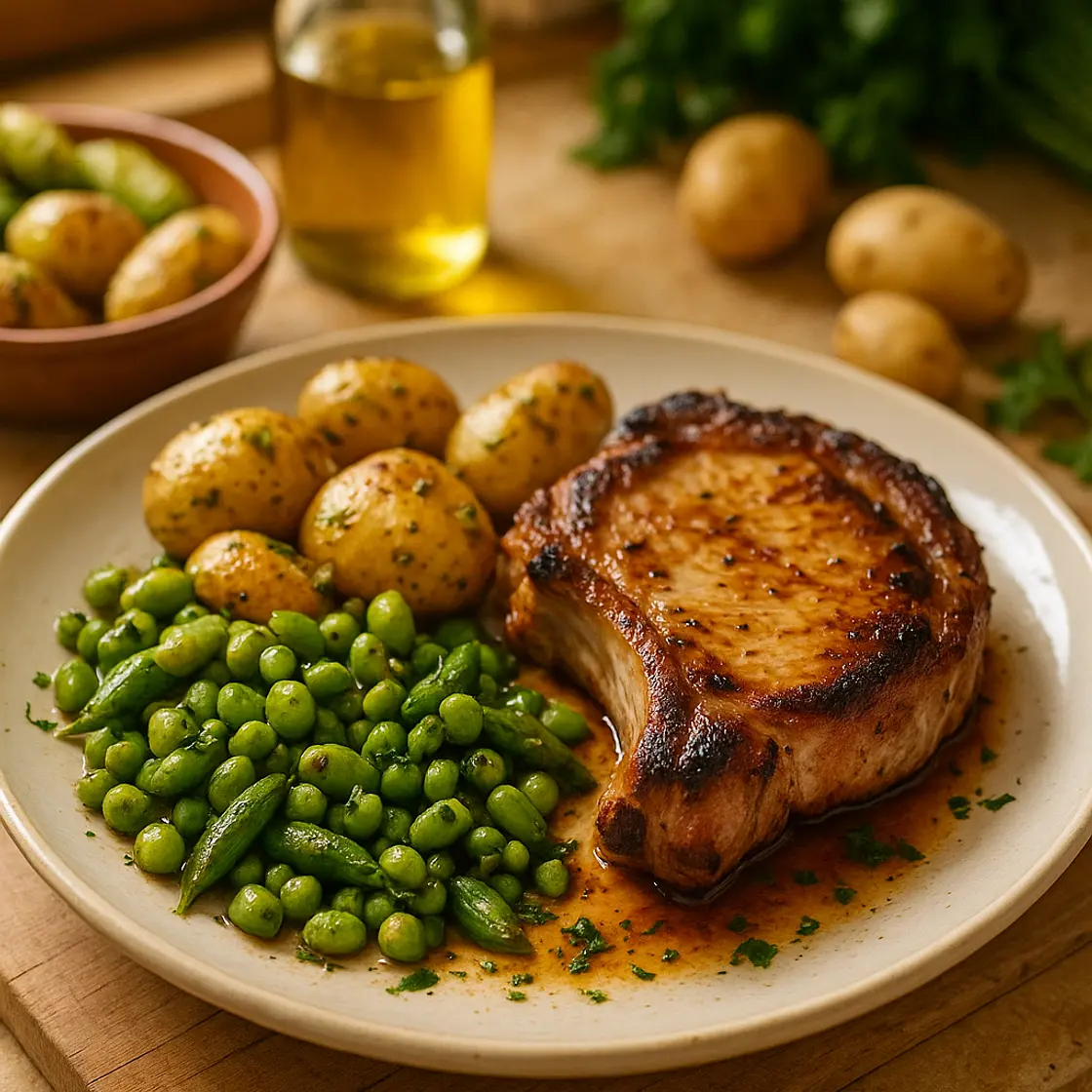 Porc, pomme de terre grenailles et légumes verts grillés