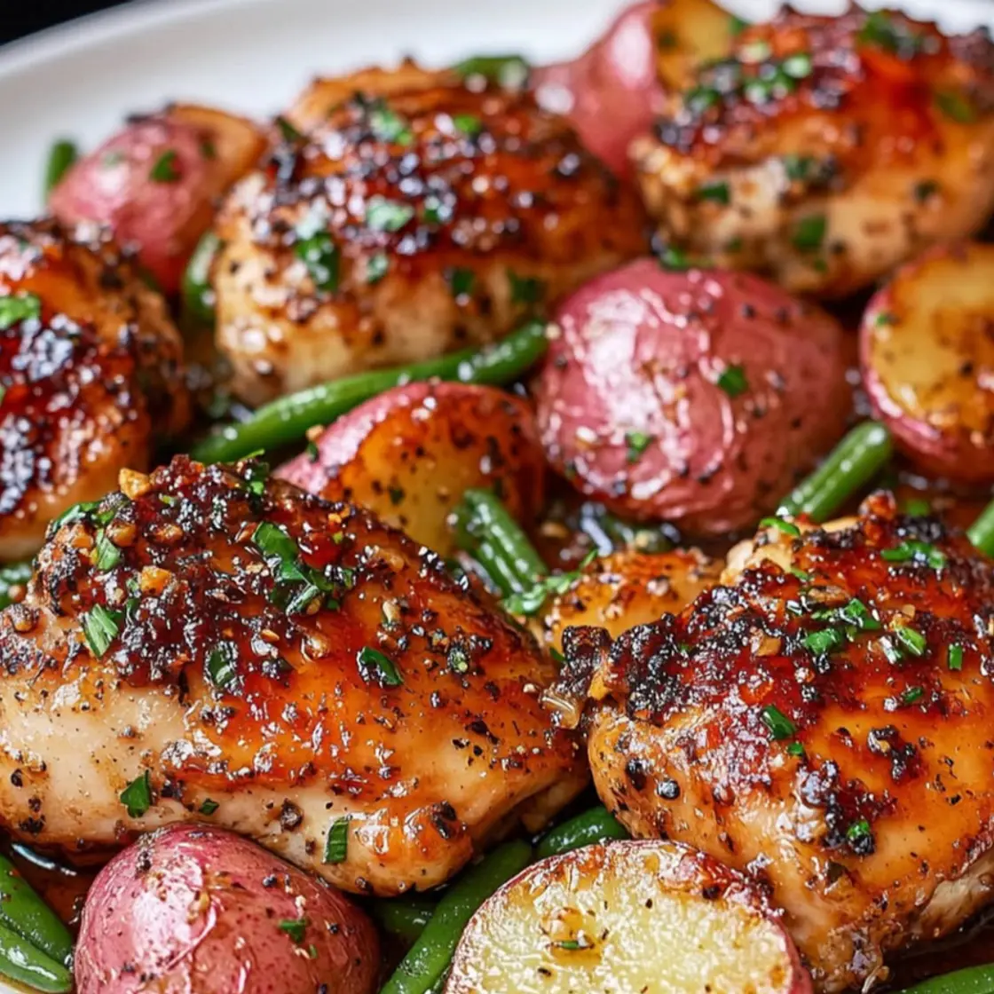One Pan Honey Garlic Chicken With Red Potatoes and Green Beans