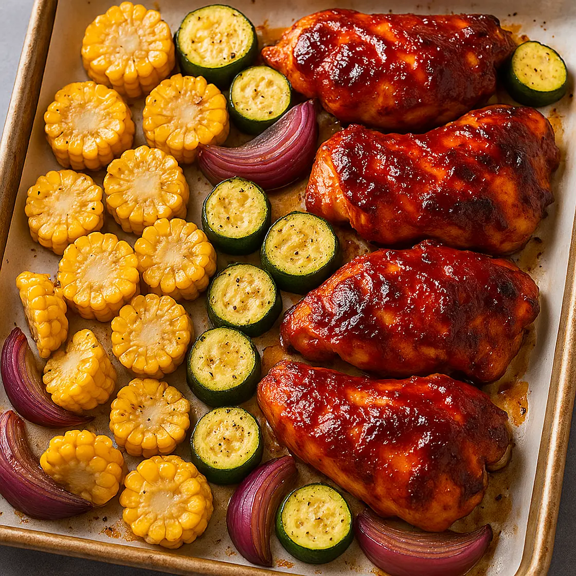 Sheet Pan BBQ Chicken Thighs with Corn and Zucchini