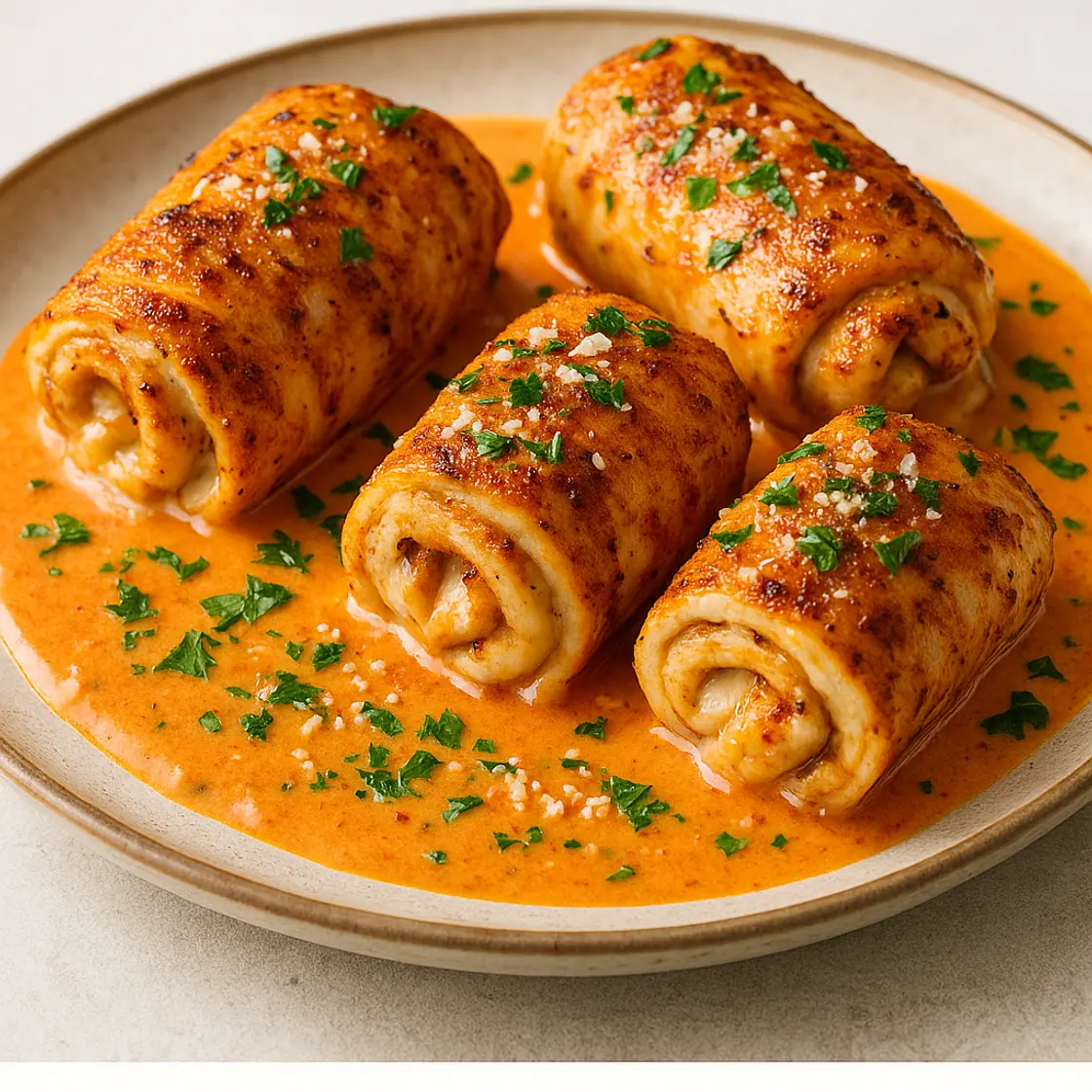 Cheesy Cajun Chicken Rollups with Roasted Red Pepper Cream Sauce