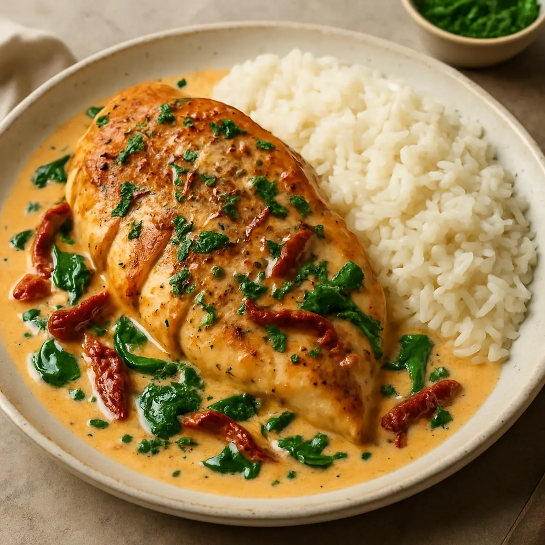 Poulet crémeux tomates séchées & épinards x2 🍗 📊 700 kcal | 43P • 57G • 39L • 5F