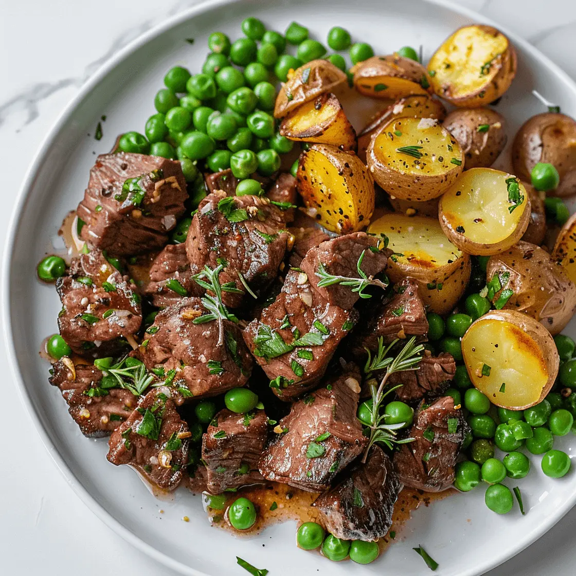 Rosemary Garlic Beef Tips with Lemon Butter Peas & Potatoes
