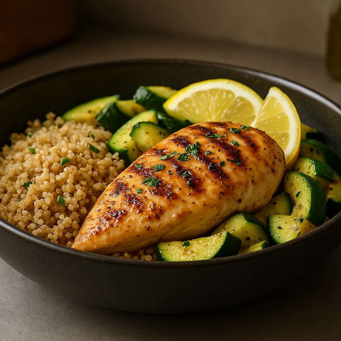 Filet de poulet mariné, quinoa et courgettes sautées