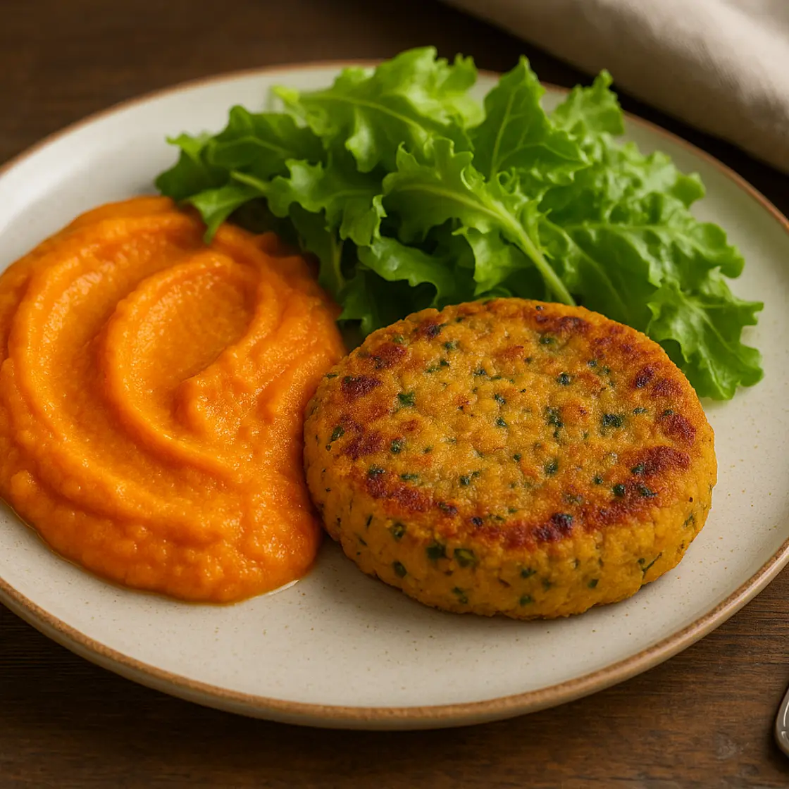 Galette de pois chiches, purée de carottes et salade verte
