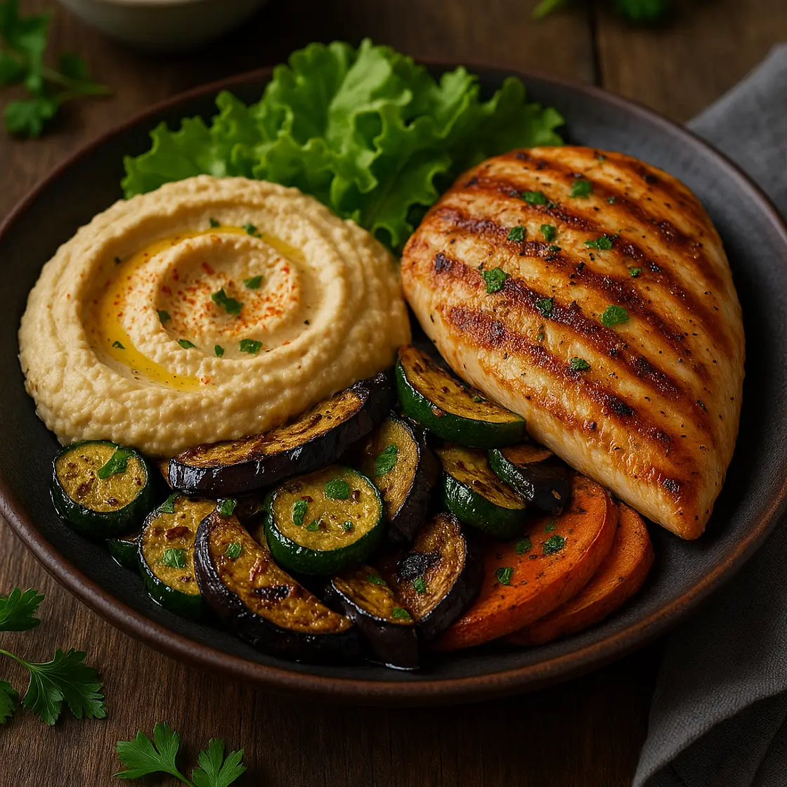 Poulet grillé, houmous maison et légumes rôtis