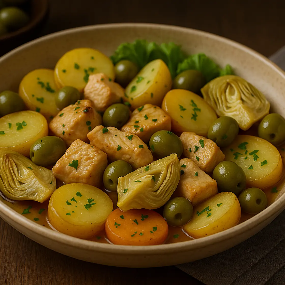 Escalope de dinde aux olives, artichauts et pommes de terre