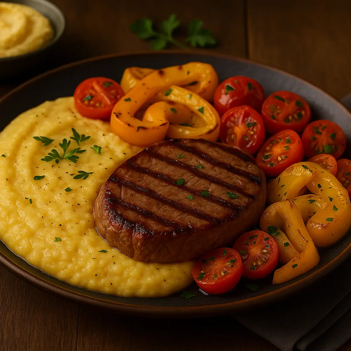 Veau grillé, polenta crémeuse et légumes d'été