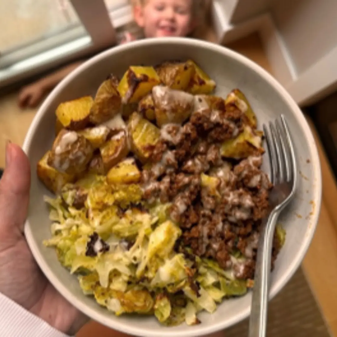 Roasted Potato, Cabbage, and Ground Beef Bowl