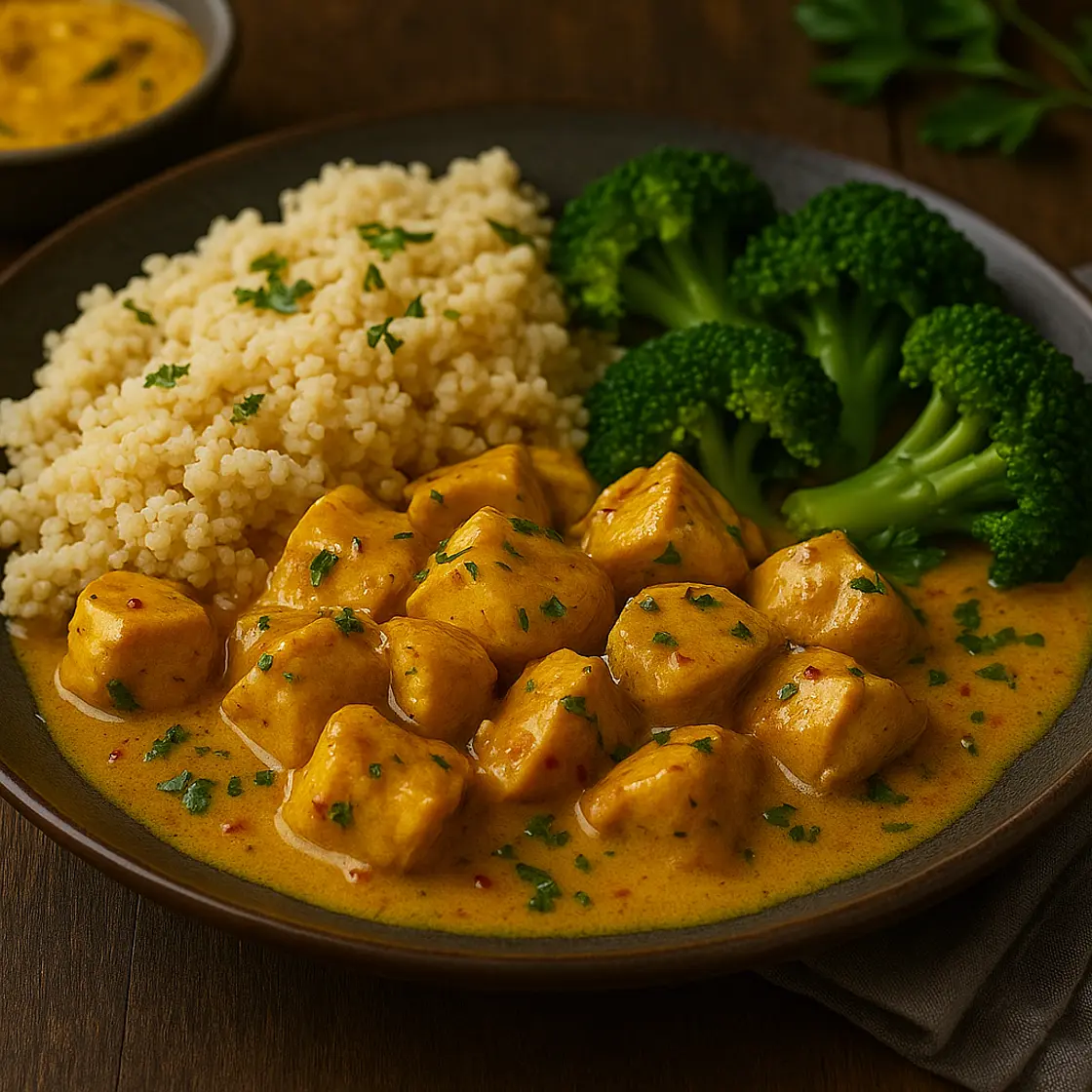 Poulet au curry, millet et brocoli