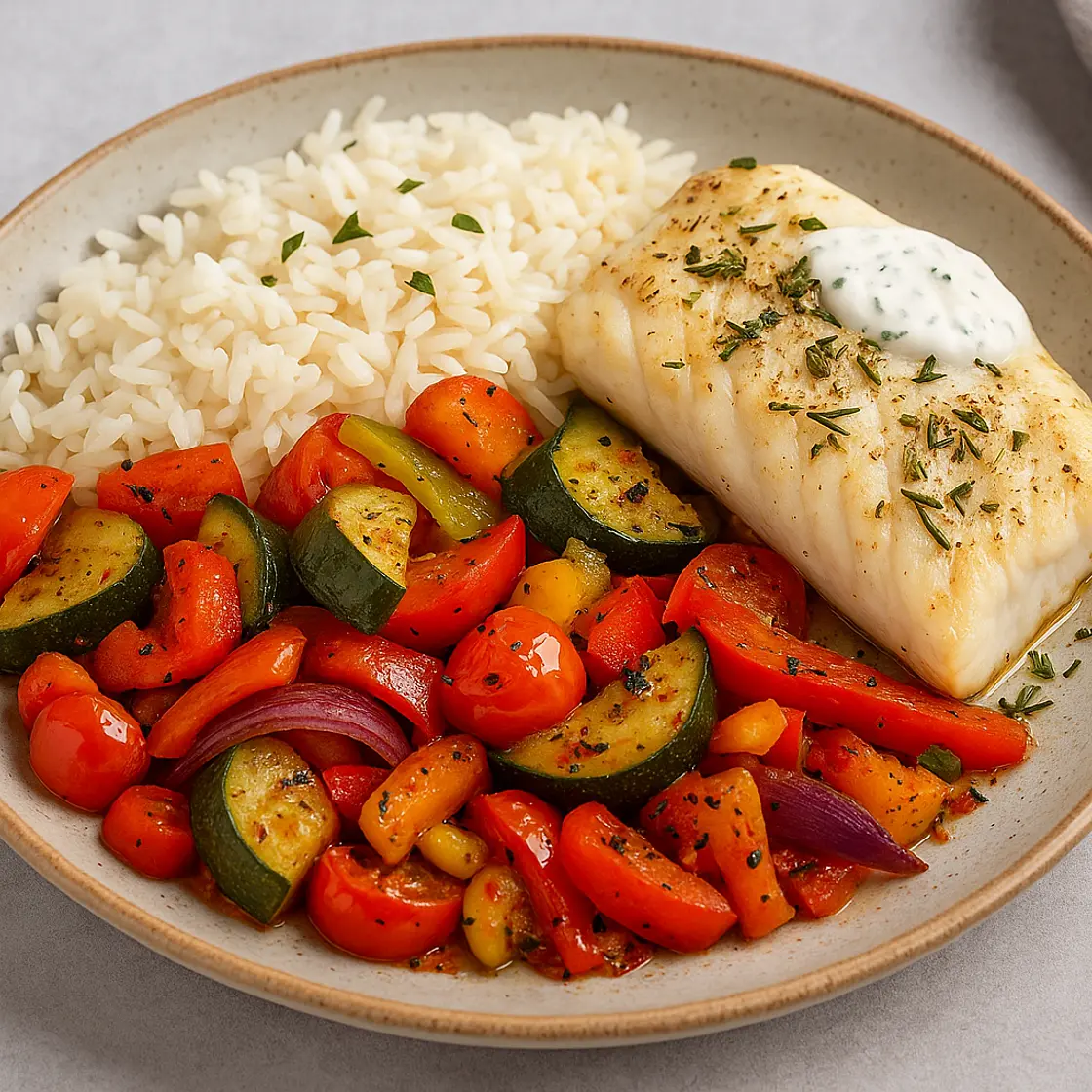 🐟 Colin rôti aux légumes fondants et riz parfumé x2 📊 550 kcal | 38P • 45G • 22L • 8F