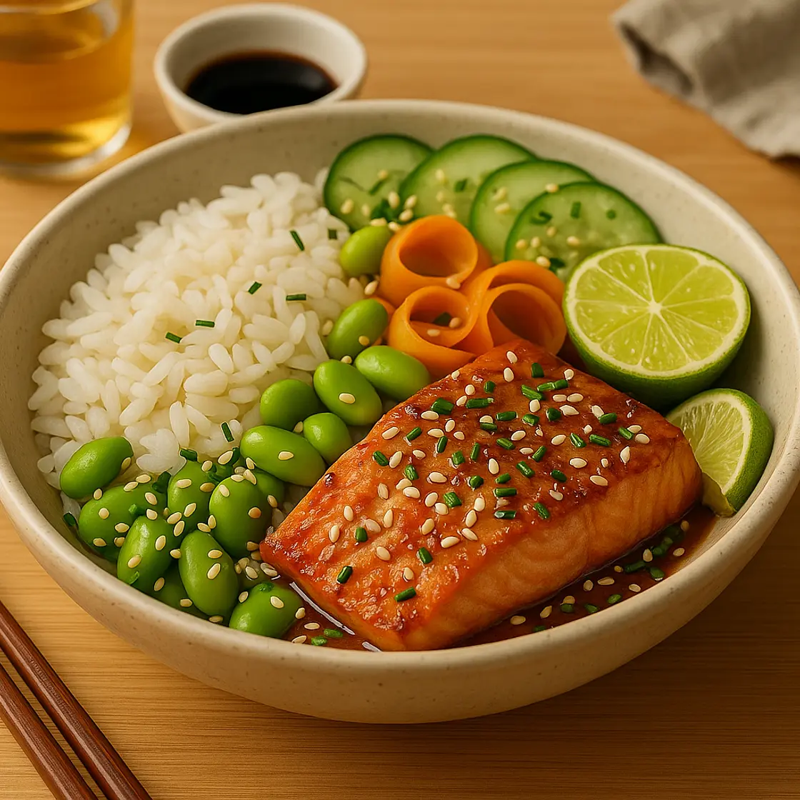 Poké bowl riz, saumon et edamames