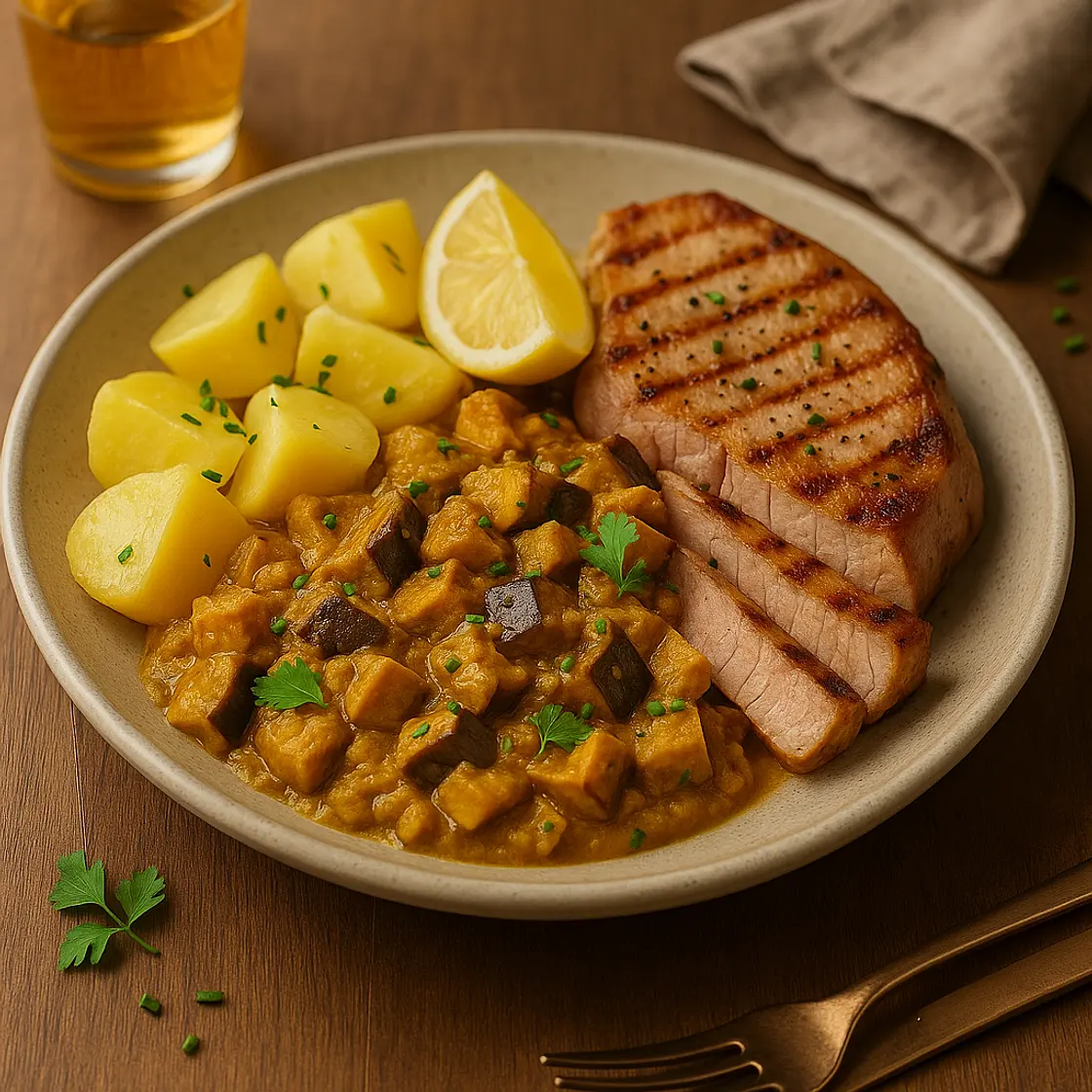 Côte de porc, aubergine et pommes de terre