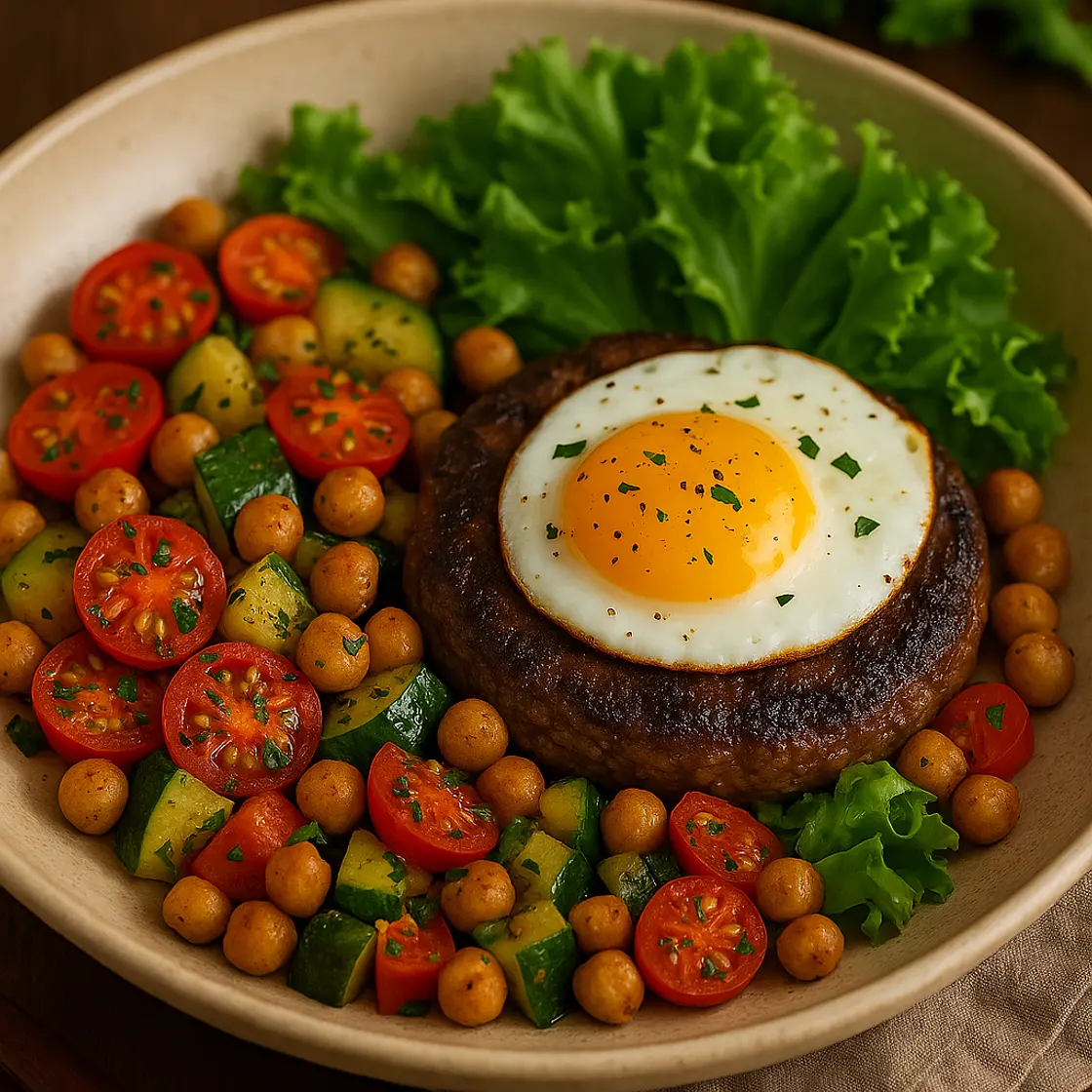 Steak, œuf au plat et légumes