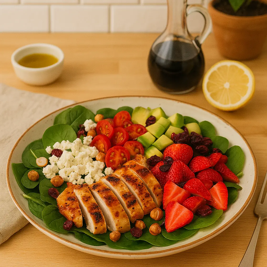 Salade poulet, fraises, avocat