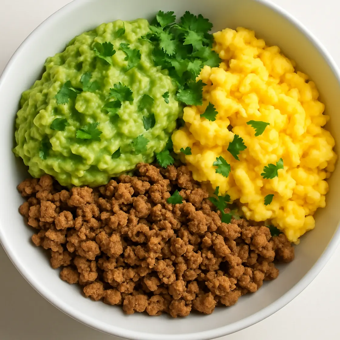 Bowl œufs, guacamole et bœuf haché