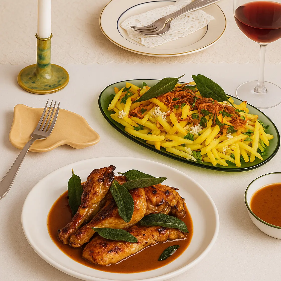 Roast Chicken with Crispy Pommes and Tasty Sauce