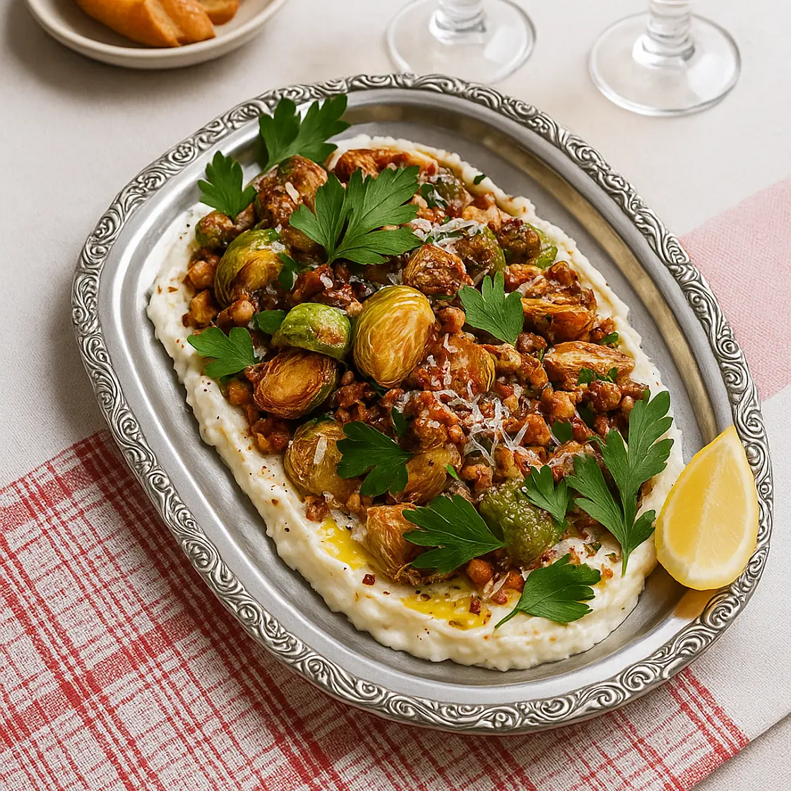 Crispy Brussels Sprouts with Cheese Cream, Honey, Lemon, and Hazelnuts