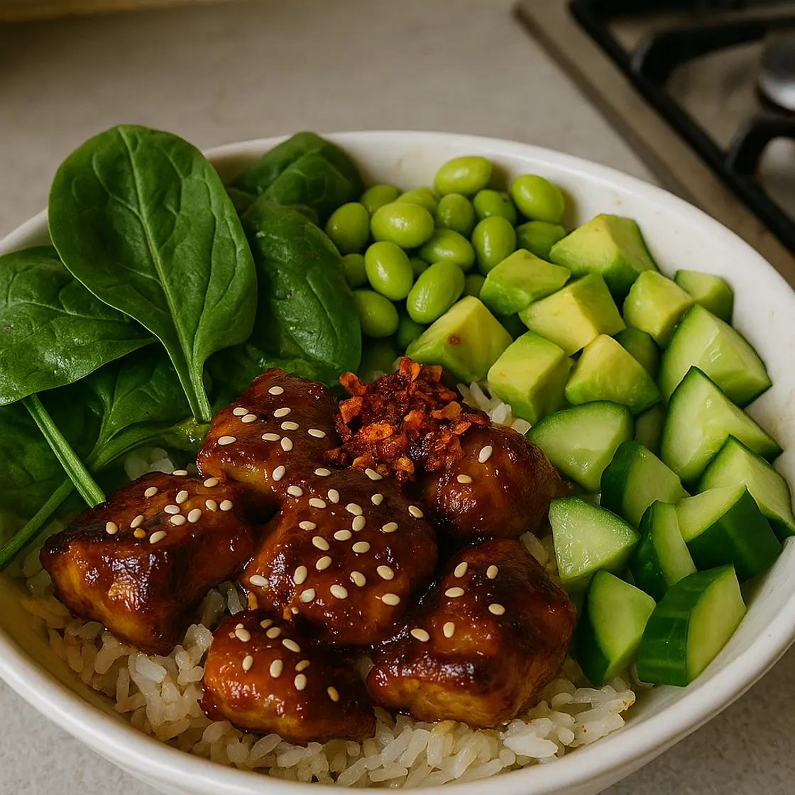 Poulet sésame, riz, et légumes verts