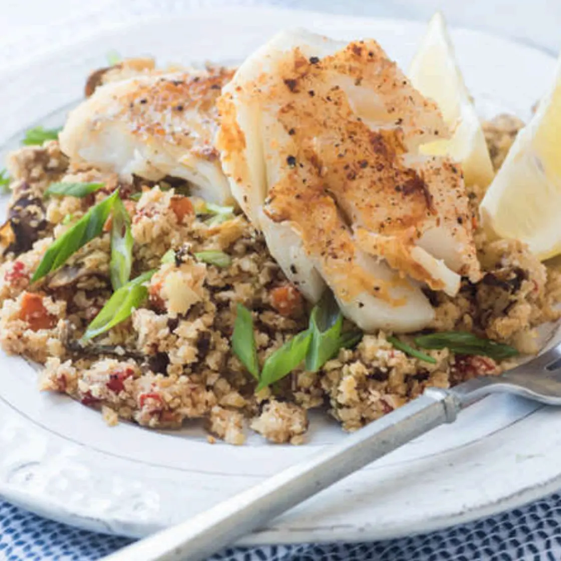 Cajun-spiced cod with cauliflower dirty rice
