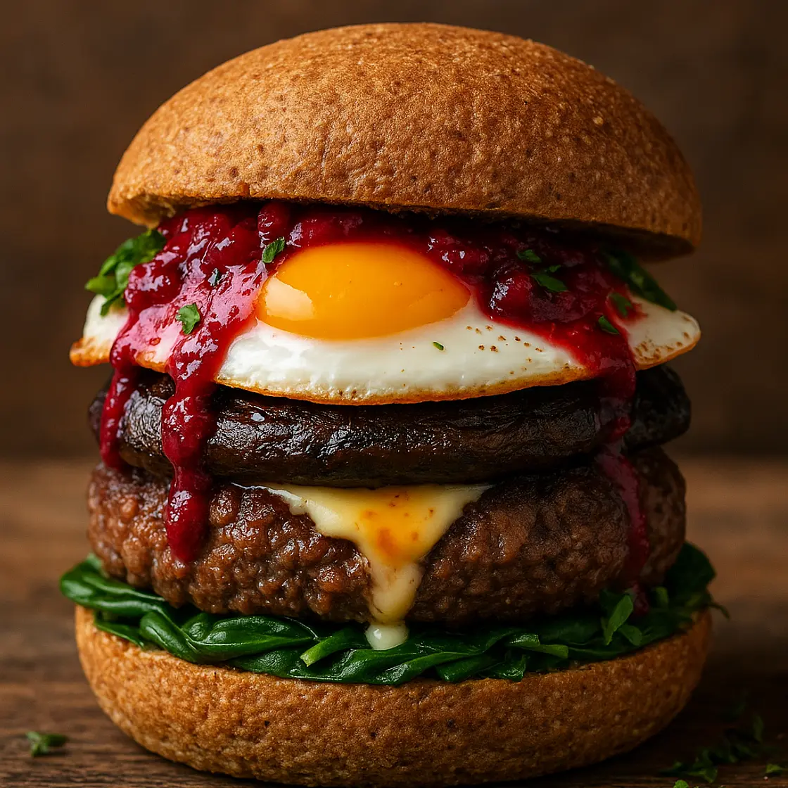 Ultra-Protein Beef Burger with Cheese-Injected Portobello & Berry-Beet Jam