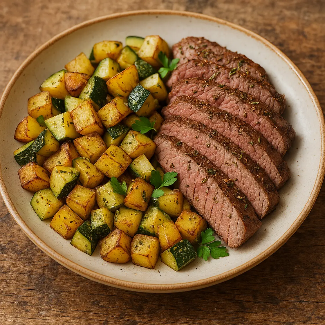 Filet de bœuf, pommes de terre et courgettes