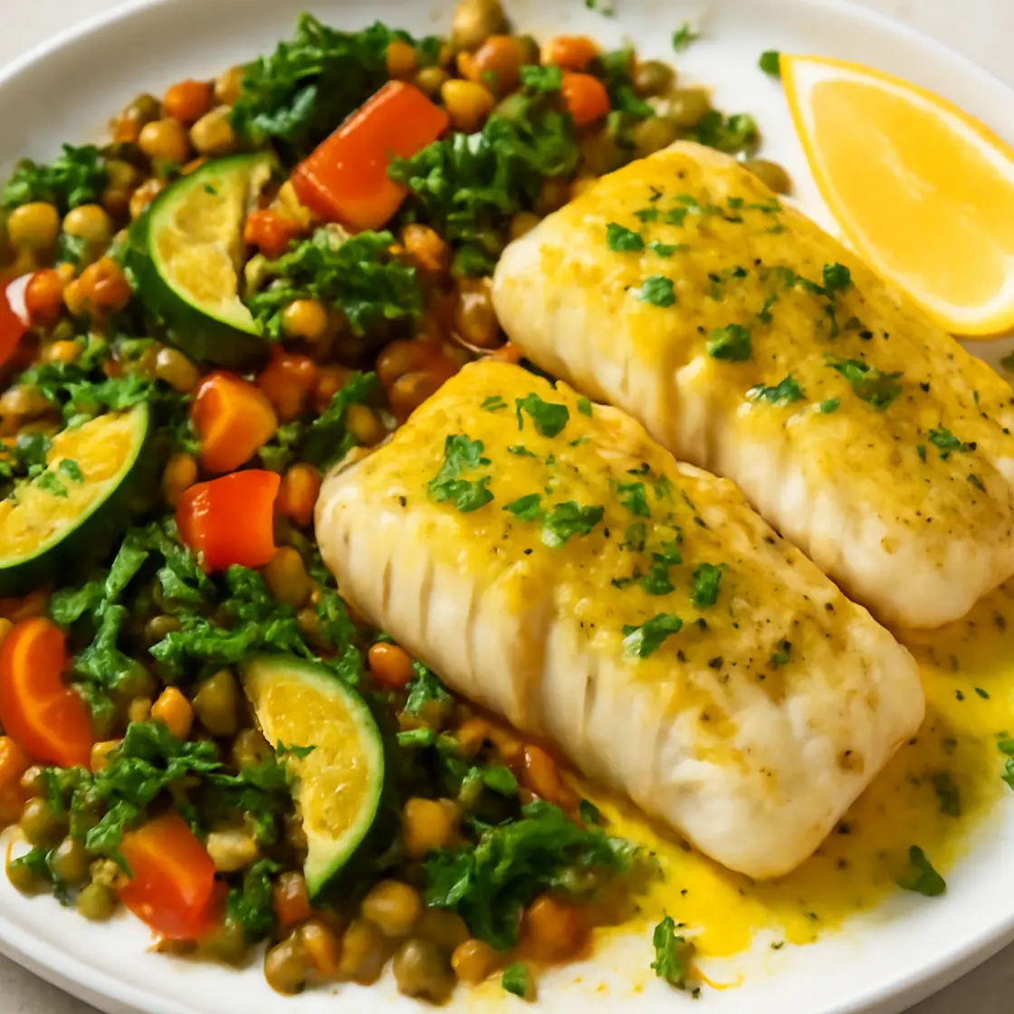 Mediterranean Flaky Cod with Warm Vegetable-Lentil Salad