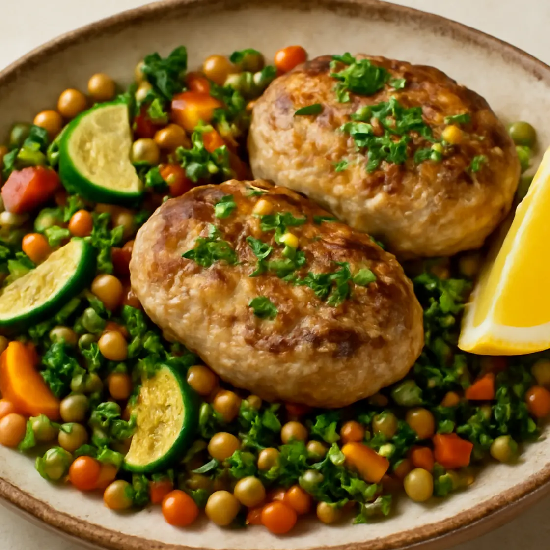 Mediterranean Minced Turkey Patties with Warm Vegetable-Lentil Salad