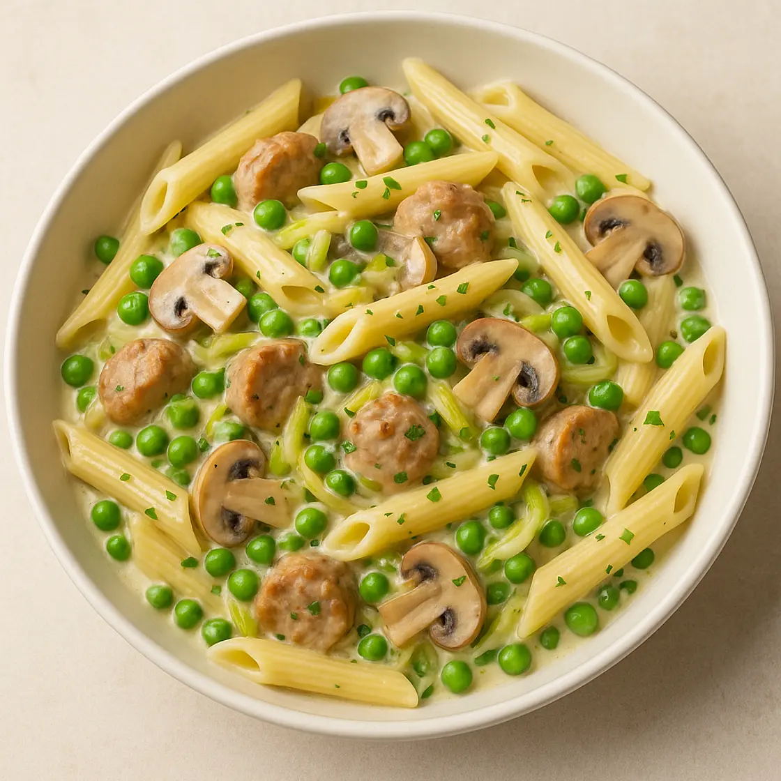 Creamy Pasta With Pork, Leek, Mushroom & Baby Peas