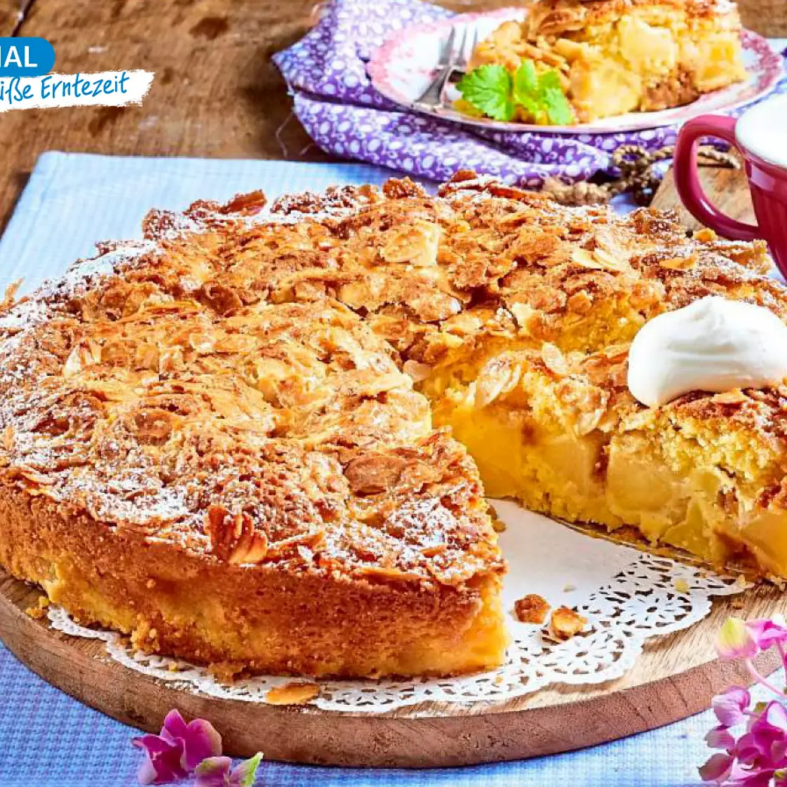 Apfelkuchen mit Bienenstich-Kruste