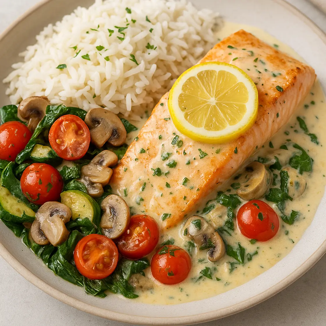 Saumon crémeux au citron et légumes x2 🐟 • 📊 680 Kcal | 45P 50G 32L F9