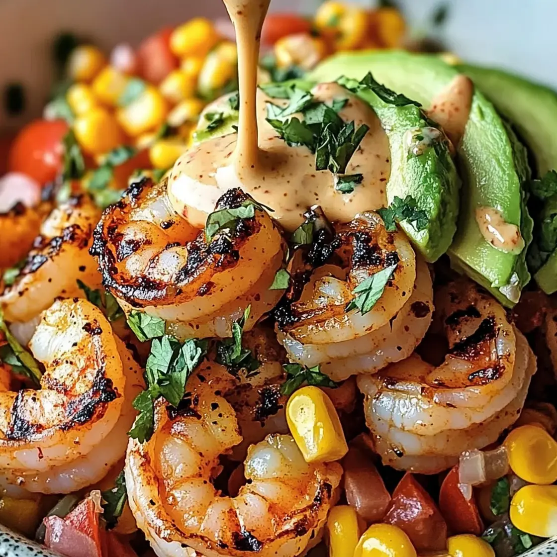 Shrimp Bowl with Avocado, Corn Salsa & Creamy Garlic Sauce