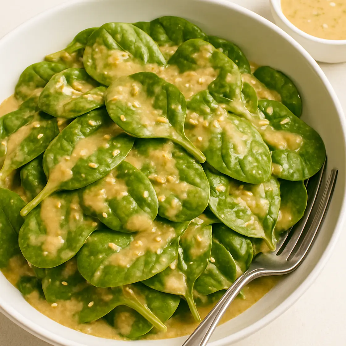 Raw Baby Spinach with Miso-Sesame Dressing
