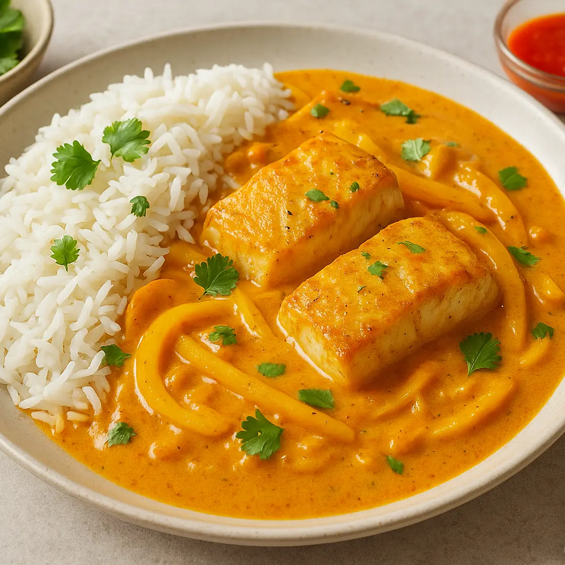 Curry de cabillaud crémeux au lait de coco + riz x2 🍛 • 📊 580 Kcal | 45P 50G | 20L | 6F