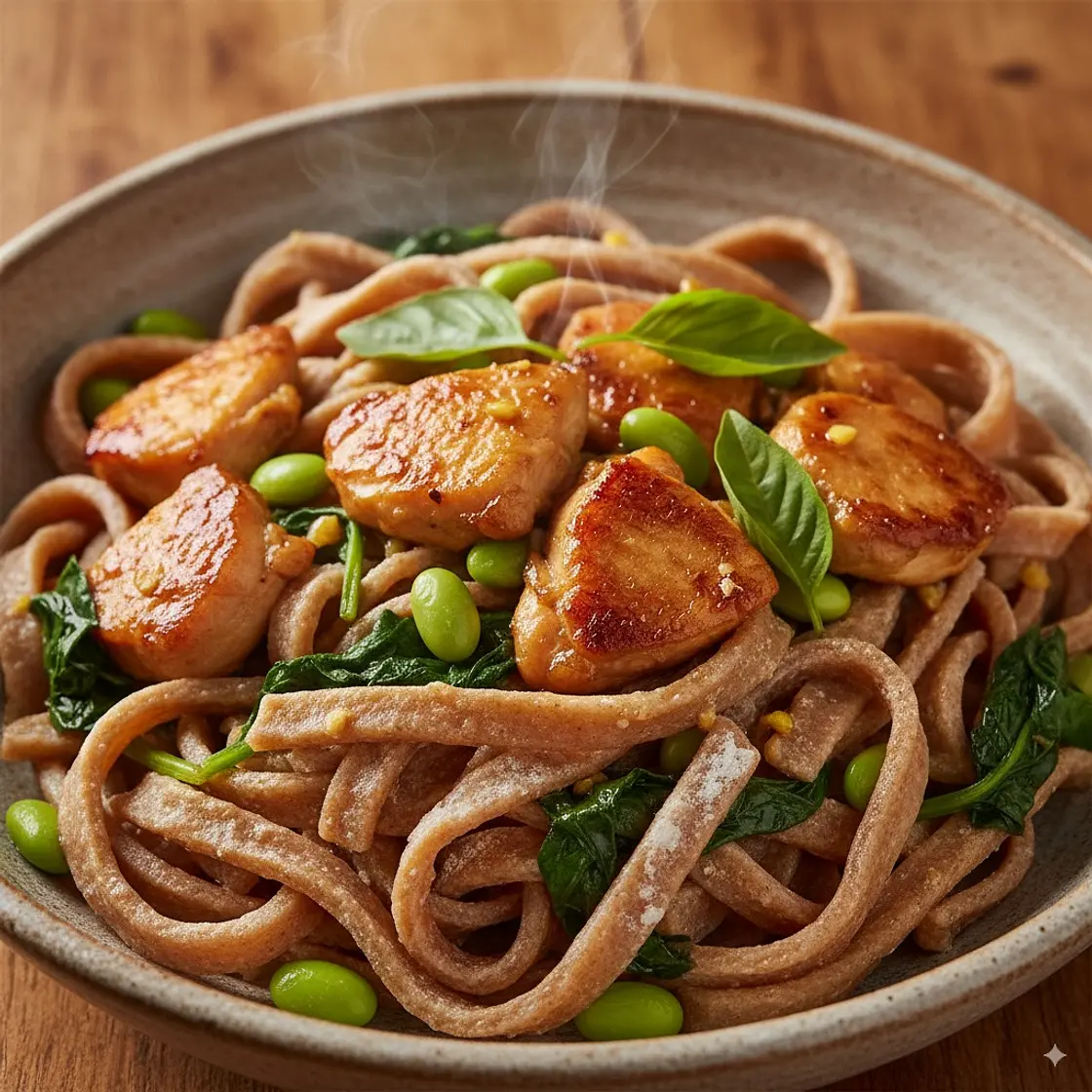 Healthy Hand-Cut Noodles with Basil Chicken