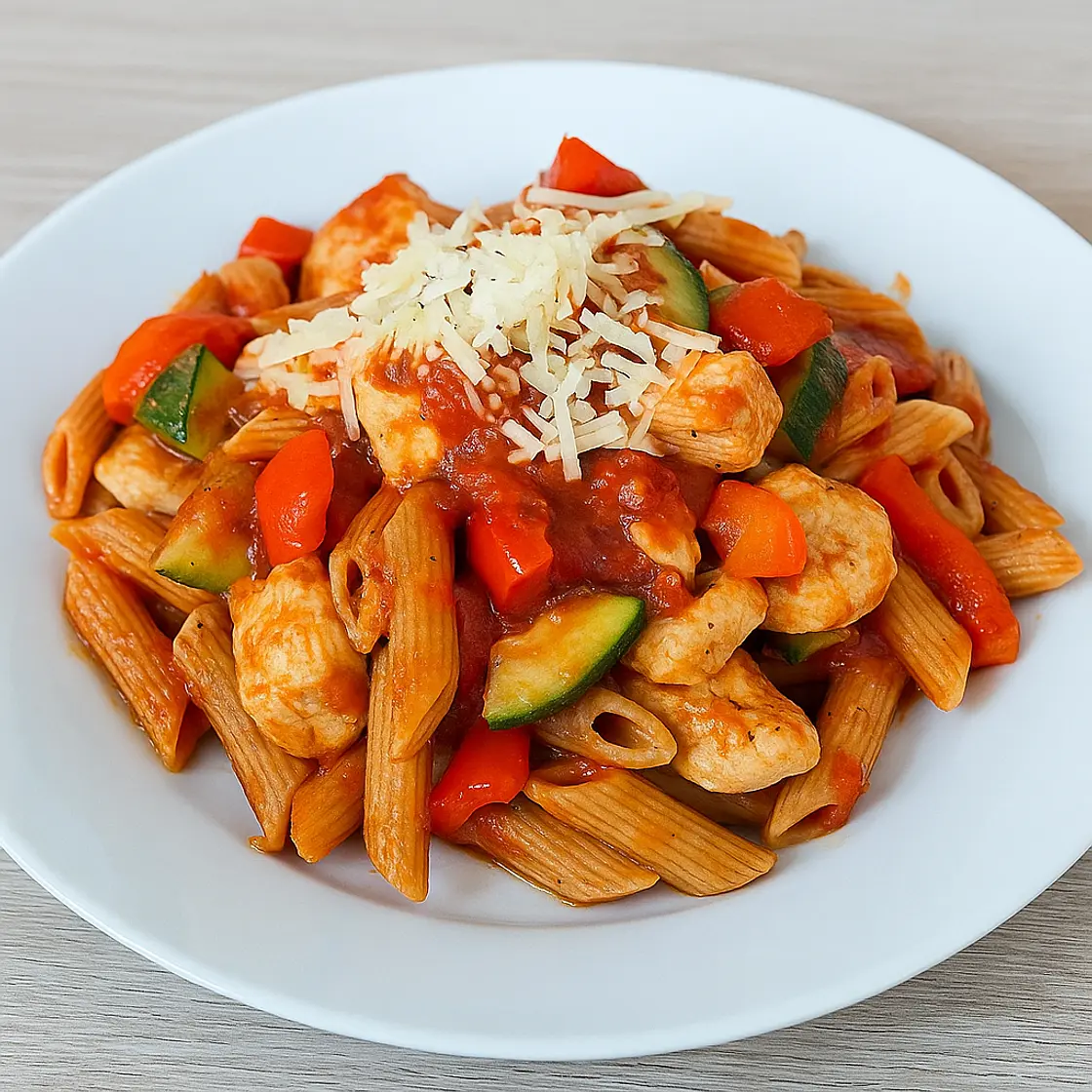Volkoren pasta met kip en groenten
