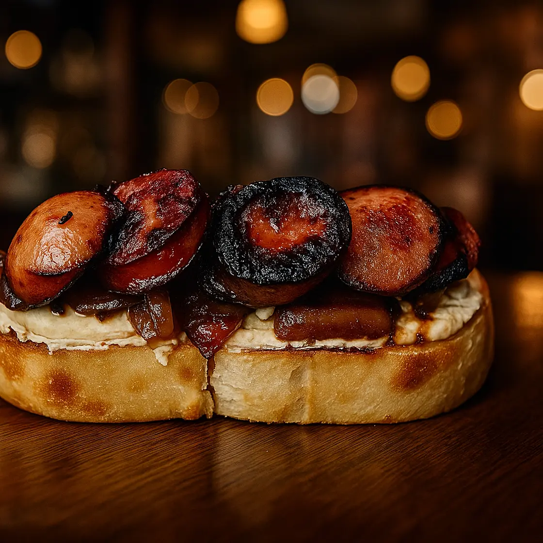 Smoked Sausage & Hummus Ciabatta with Apple–Onion Cider Glaze