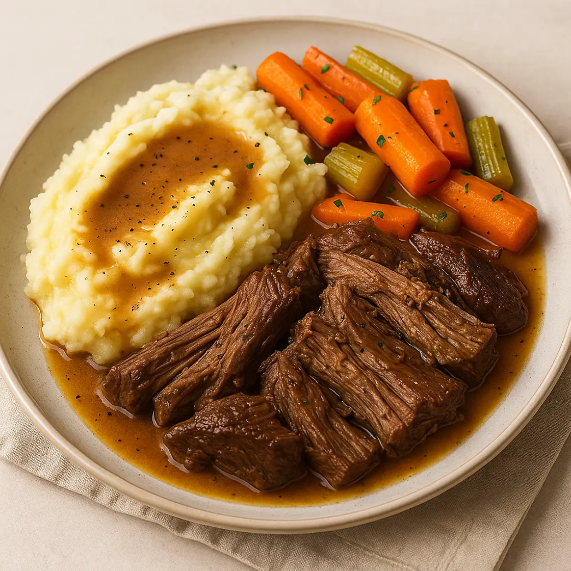 Slow Cooker Pot Roast with Carrots, Celery & Mashed Potatoes