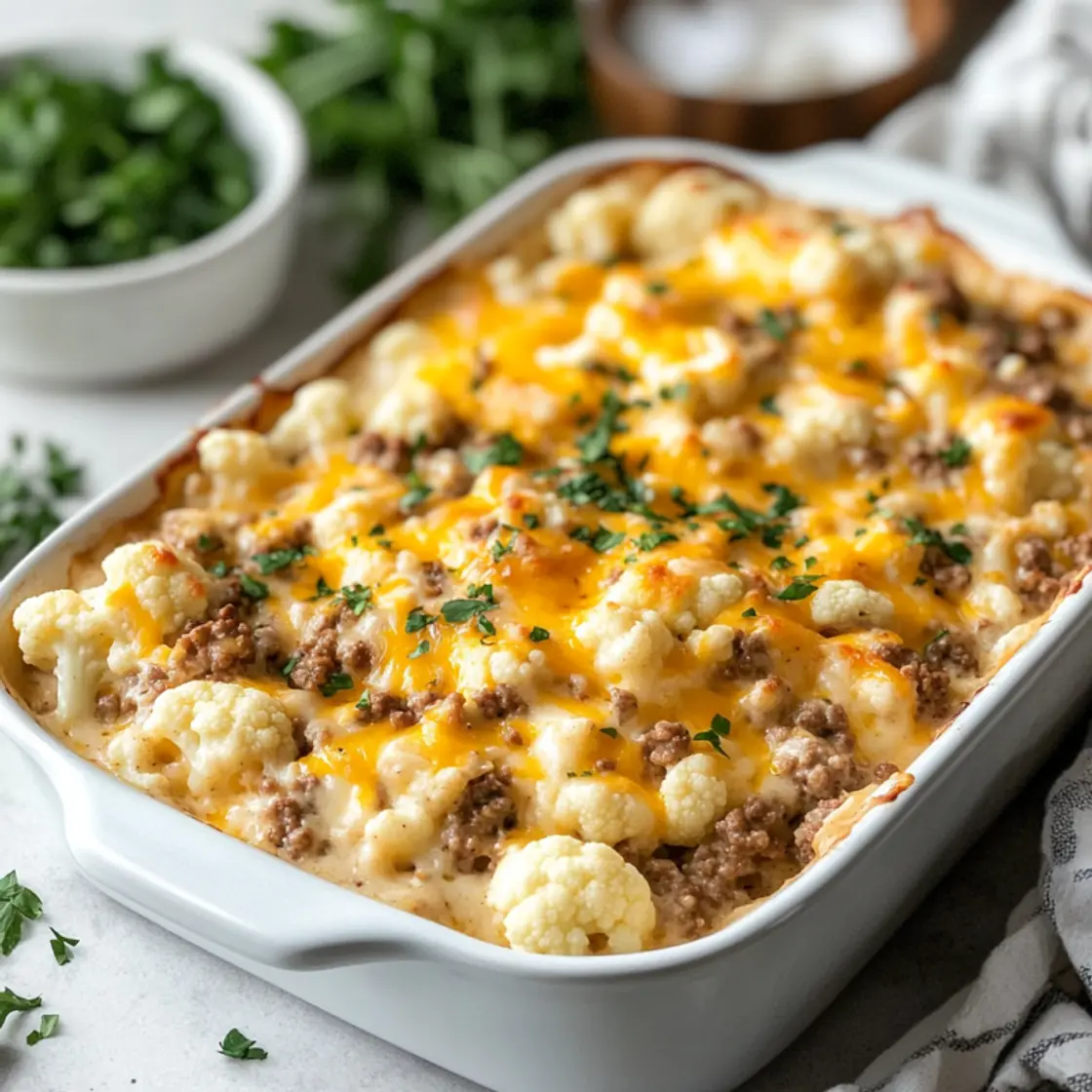 Keto Cheesy Cauliflower and Ground Beef Casserole