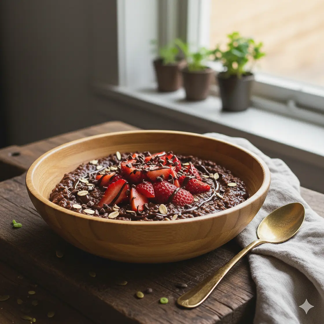 MINGAU DE AVEIA DOCE COM CHOCOLATE E MORANGO 🍓 🍫