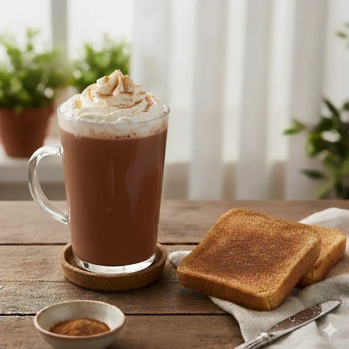 Chocolate quente protéico com torradas.