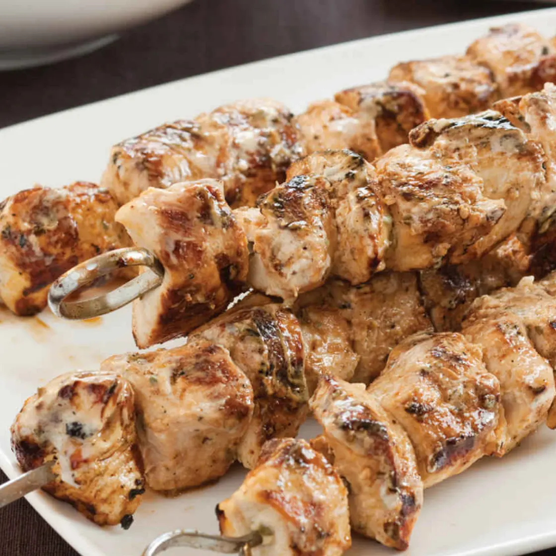 Grilled Chicken Kebabs with Tomato-Feta Salad