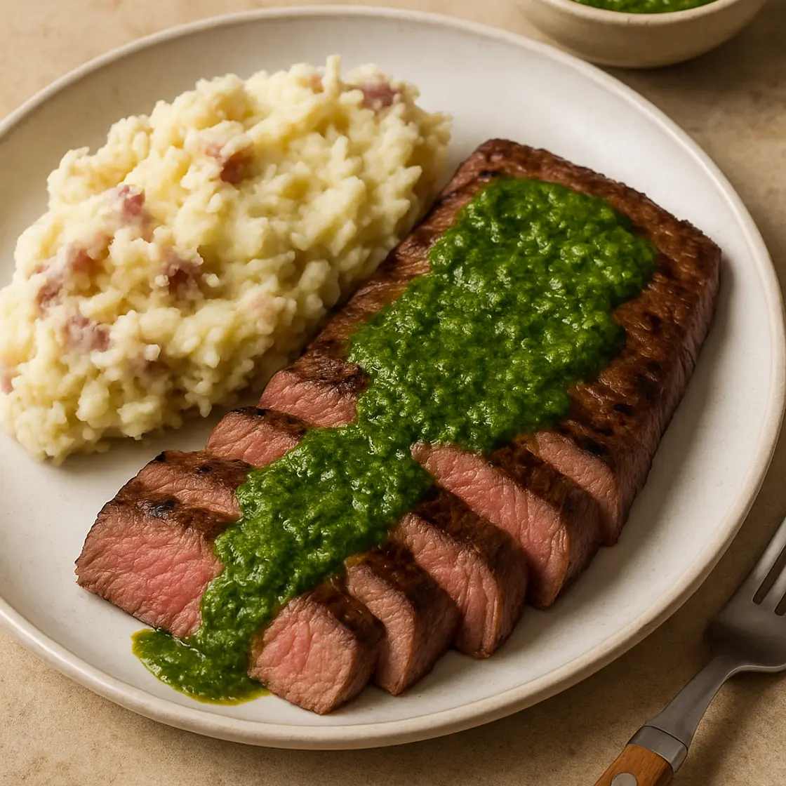 Flat Iron Steak With Cilantro Pesto Sauce and Red Mashed Potatoes