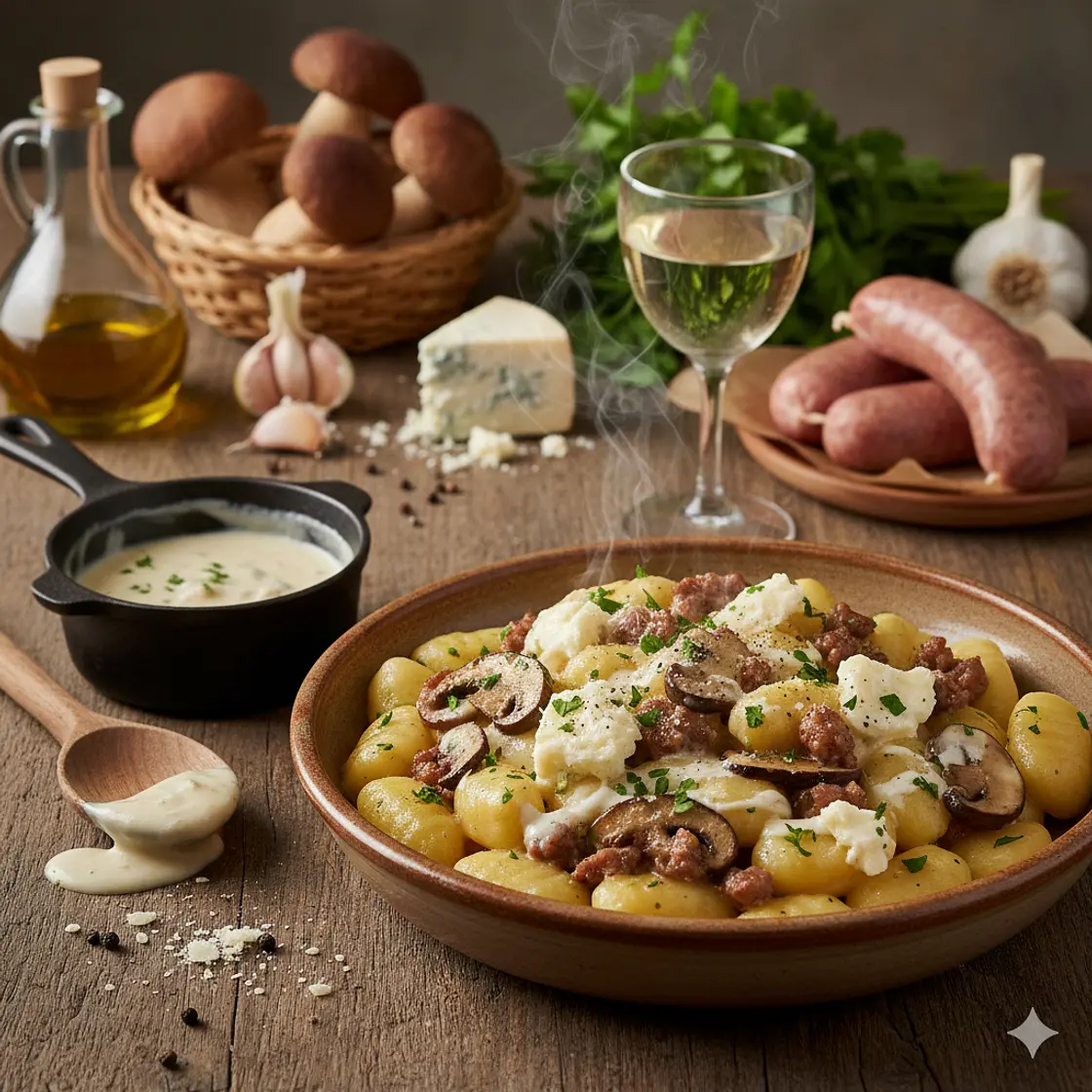 Gnocchi salsiccia gorgonzola e funghi porcini