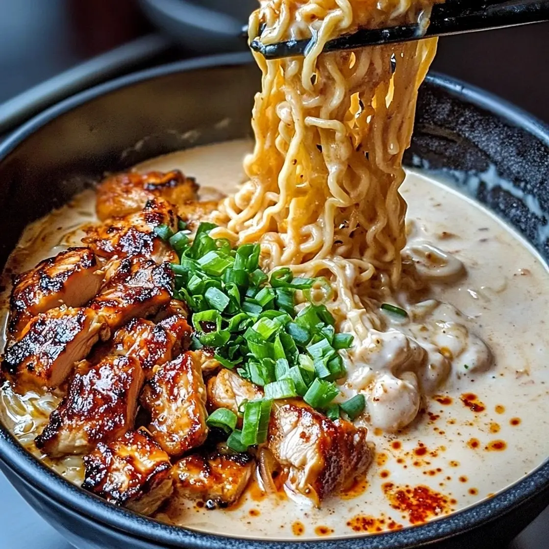 Fiery Chicken Ramen with Creamy Garlic Sauce