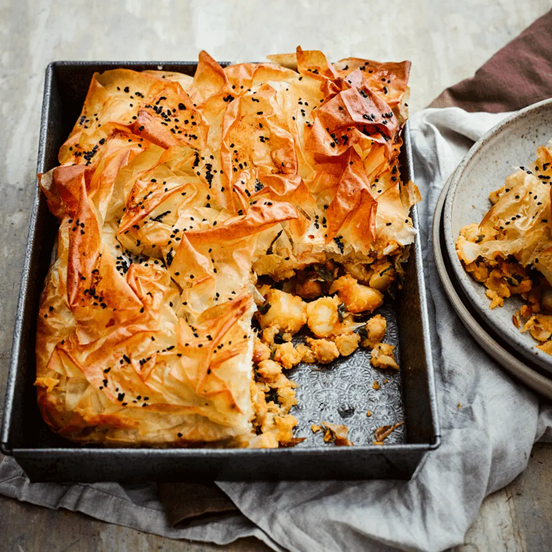 Spicy chickpea, potato and filo slice
