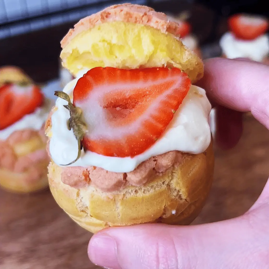 Strawberry Cream Puffs (Pink Craquelin Topped)