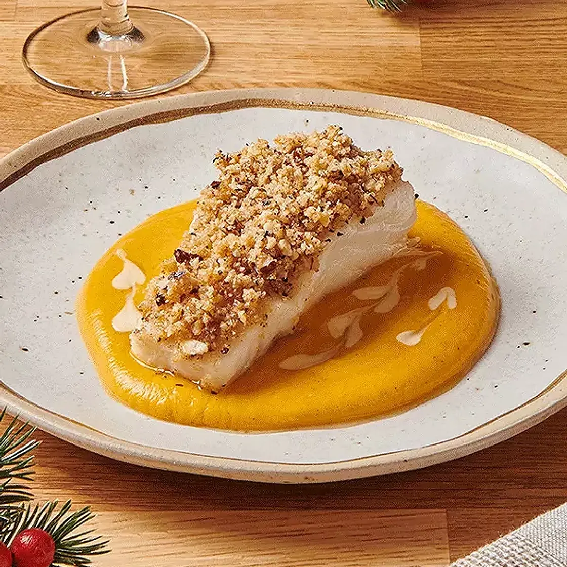 Dos de cabillaud croustillant aux noisettes, Courge butternut à la Cannelle