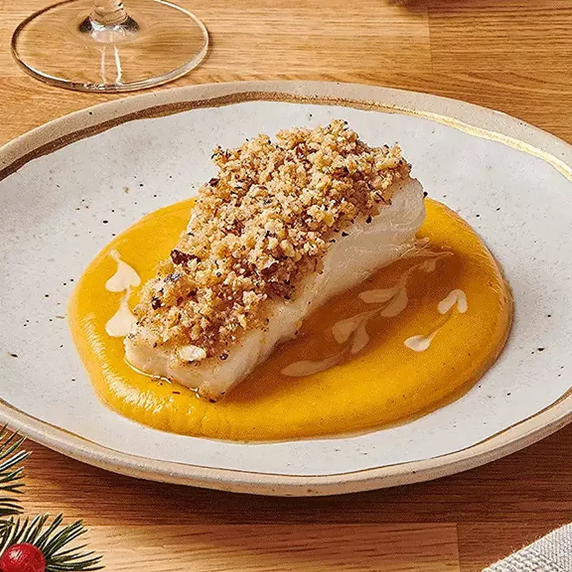 Dos de cabillaud croustillant aux noisettes, Courge butternut à la Cannelle