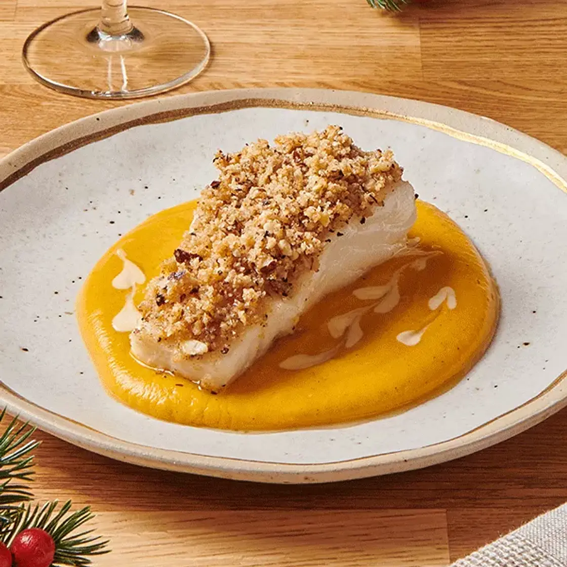 Dos de cabillaud croustillant aux noisettes, Courge butternut à la Cannelle